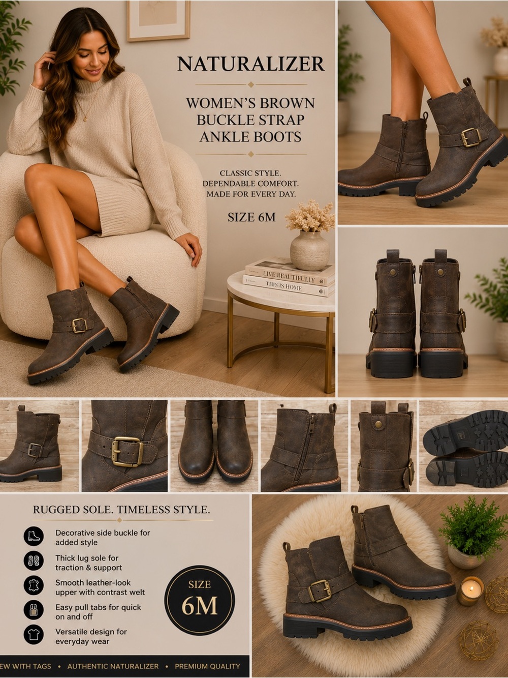 Naturalizer Women's Brown Buckle Strap Ankle Boots 6M NEWโ